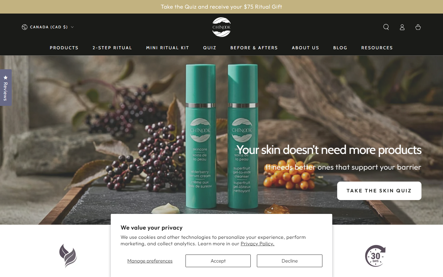 Chinook Skincare homepage