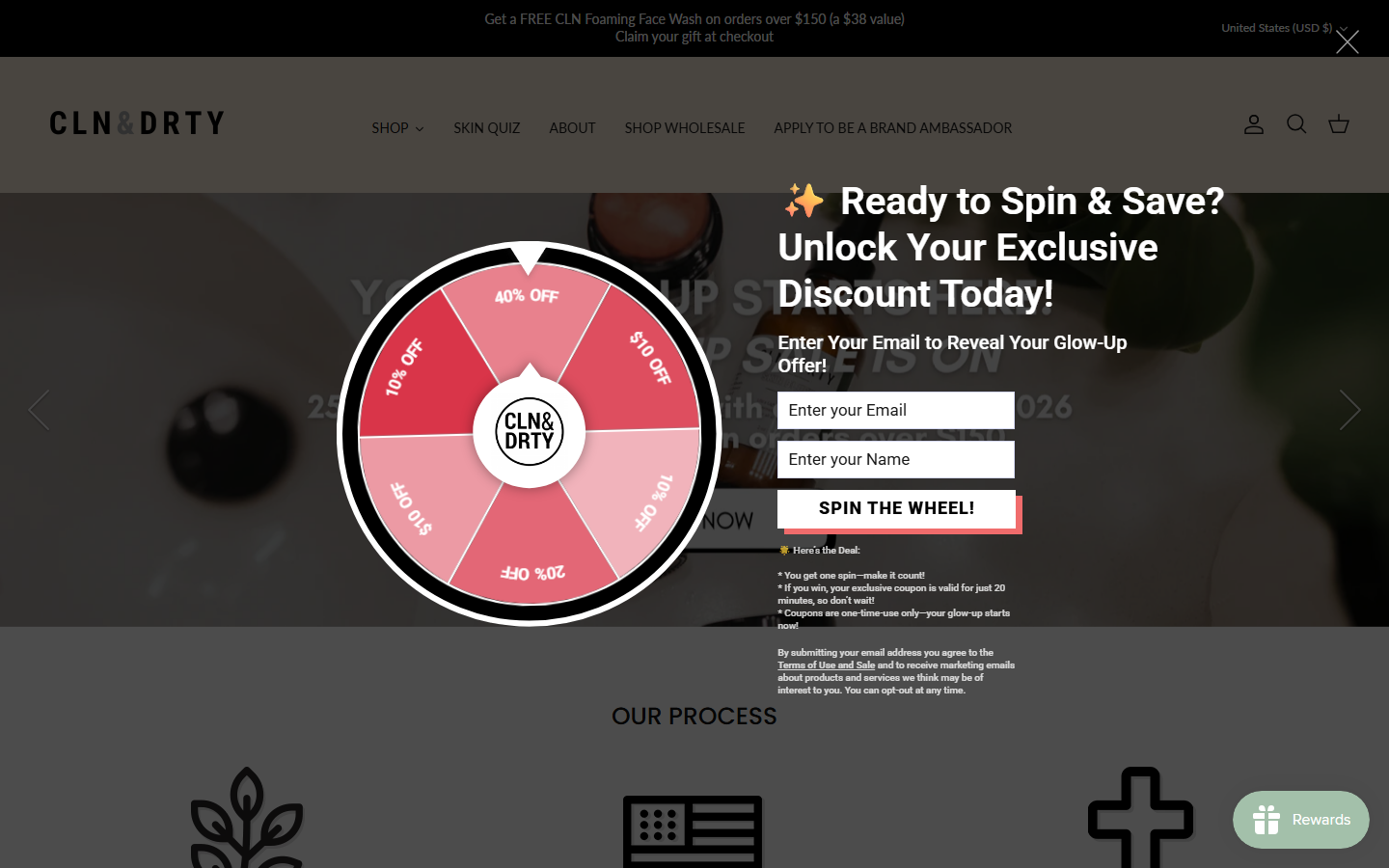 Cln&Drty Natural Skincare homepage