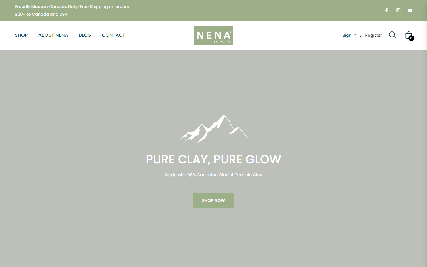 NENA Glacial Skincare homepage